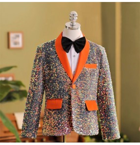 Children boy British Style orange sequins jazz dance blazers flowers boys party formal suit model catwalk dress blazer host piano performance birthday party costume